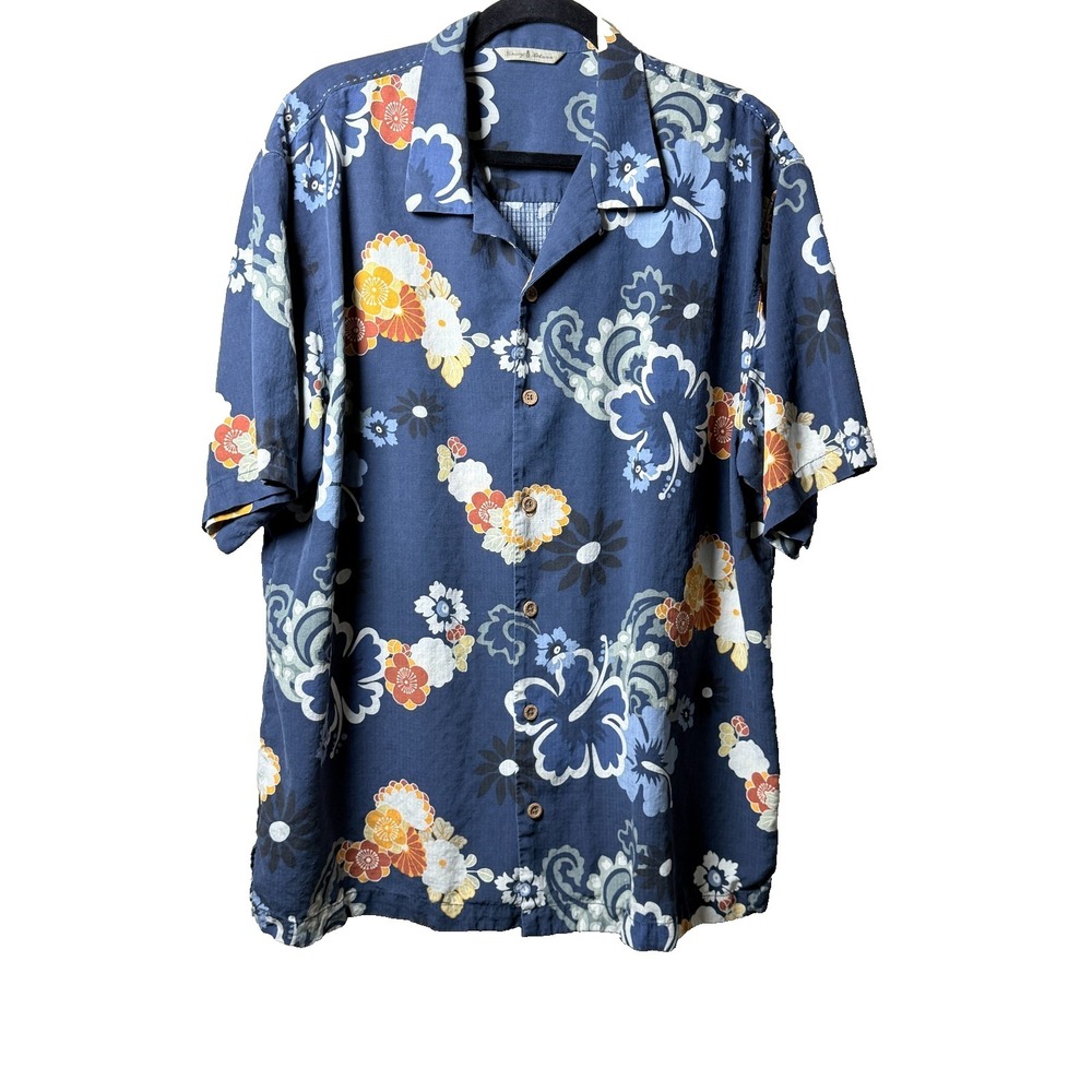 Tommy‎ Bahama mens Aloha Hawaiian Shirt blue floral rayon button front Size 2X